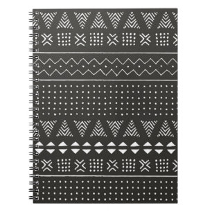 Caderno Espiral Padrão étnico tribal negro e branco com geometr