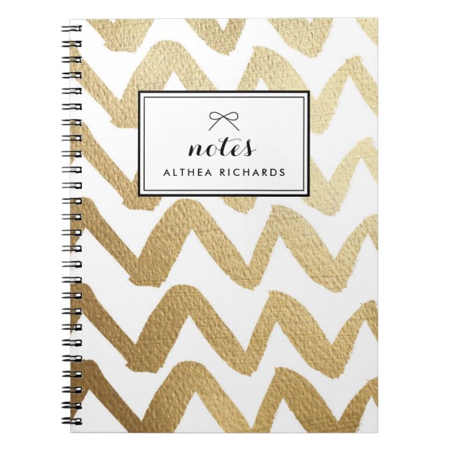 Caderno Espiral Padrão Faux Gold Foil Brush Chevron Personalizado (Frente)