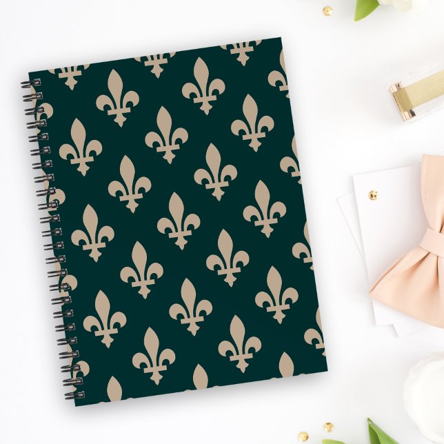 Caderno Espiral Padrão Flor de Lis, Creme Real Francês sobre Verde (Criador carregado)