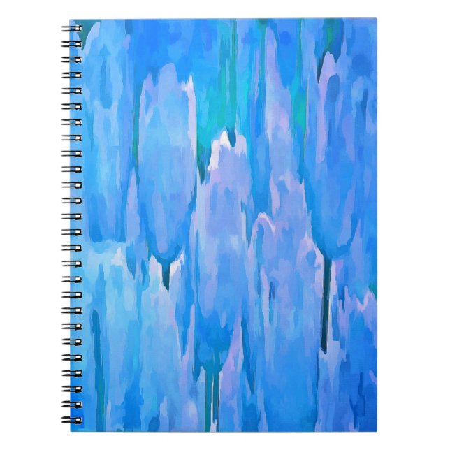 Caderno Espiral Padrão Floral Abstrato de Tulipas Azuis Francês (Frente)