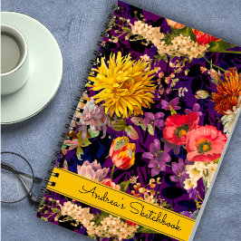 Caderno Espiral Padrão floral amarelo púrpura elegante