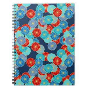 Caderno Espiral Padrão floral Art Deco - azul, turquesa e vermelho