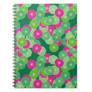 Caderno Espiral Padrão floral Art Deco - tons verdes, fúcsia
