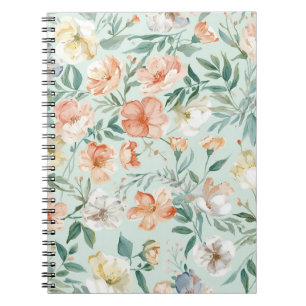 Caderno Espiral Padrão Floral Azul Aquarela de Prado de Flores Sil