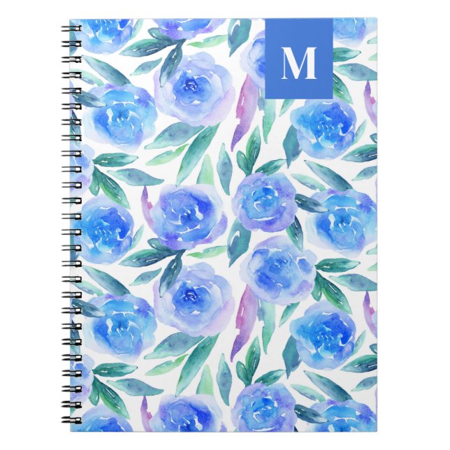 Caderno Espiral Padrão floral azul de aquarela. Flores de jardim (Frente)