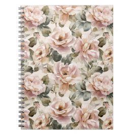 Caderno Espiral Padrão Floral Bege Rosa Suave Aquarela