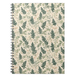 Caderno Espiral Padrão Floral Bege Verde Botânico de Samambaia