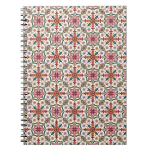 Caderno Espiral Padrão Floral Boho em Vermelho, Rosa e Verde Água