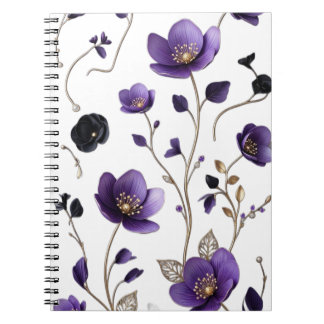 Caderno Espiral Padrão Floral Botânico Roxo e Dourado 3D Elegante