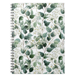 Caderno Espiral Padrão Floral Branco de Eucalipto Verde Botânico