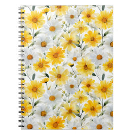 Caderno Espiral Padrão Floral Branco de Margarida Amarela Suave em