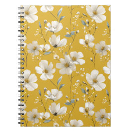 Caderno Espiral Padrão Floral Branco Flor Amarela Macia Moderna