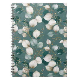 Caderno Espiral Padrão Floral Branco Folha Esmeralda Elegante