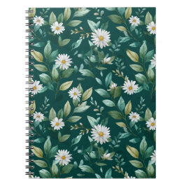Caderno Espiral Padrão Floral Branco Folha Verde Aquarela