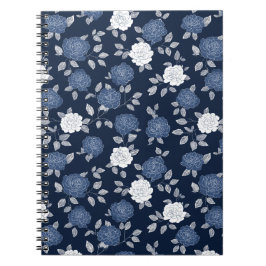 Caderno Espiral Padrão Floral Branco Rosa Azul Marinho Elegante