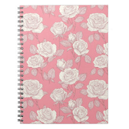 Caderno Espiral Padrão Floral Branco Rosa Rosa Desenhada à Mão