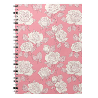 Caderno Espiral Padrão Floral Branco Rosa Rosa Desenhada à Mão