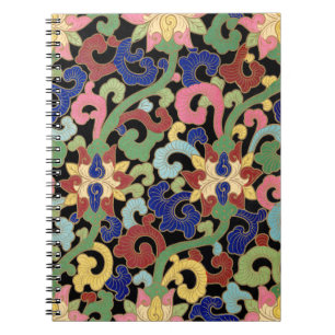 Caderno Espiral Padrão Floral Colorido de Chinoiserie sobre Preto