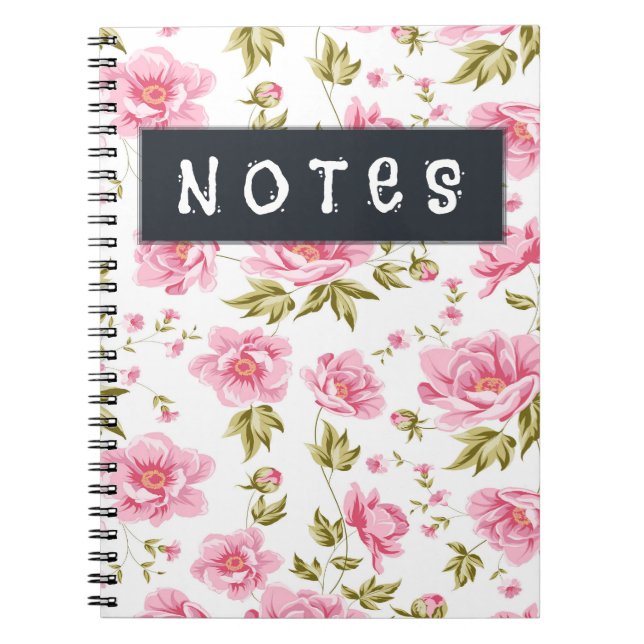Caderno Espiral Padrão Floral Com Flores Rosa E Folhas Verdes (Frente)