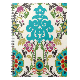 Caderno Espiral Padrão Floral Damask Plum Turquoise