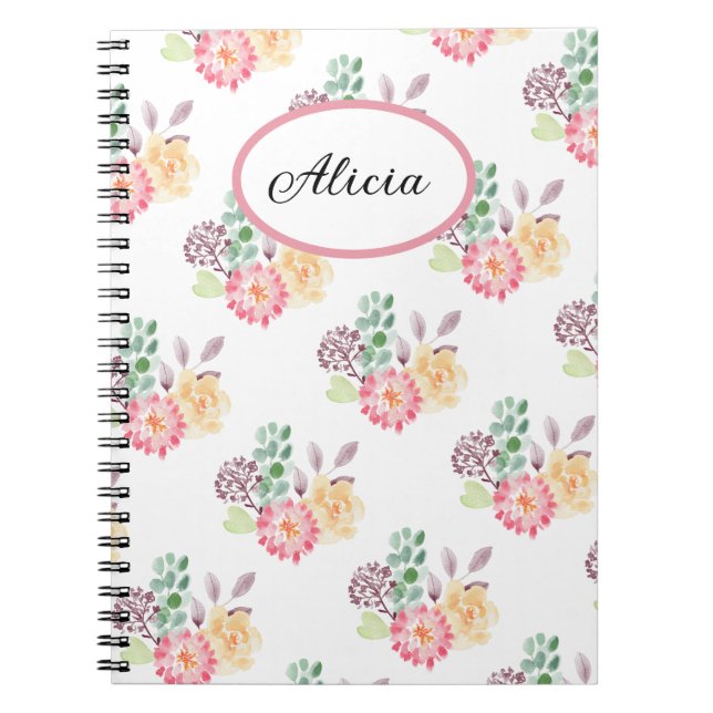 Caderno Espiral Padrão Floral De Aquarela Chic Monograma (Frente)