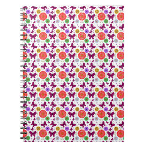 Caderno Espiral Padrão floral de borboleta retrô Arte popular colo