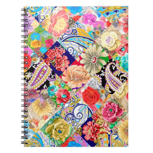 Caderno Espiral Padrão floral de bordados com flores e (Frente)