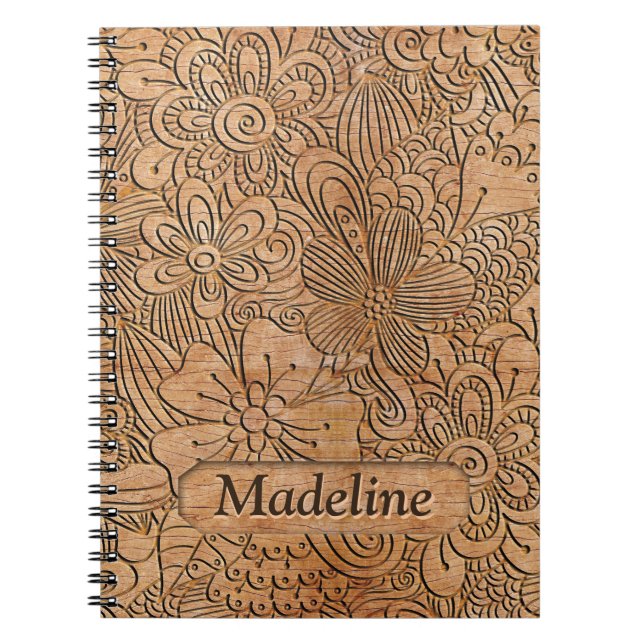 Caderno Espiral Padrão Floral de Carvings de Madeira Personalizado (Frente)