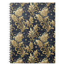 Padrão Floral de Damasco Luxuoso Dourado e Preto