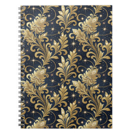 Caderno Espiral Padrão Floral de Damasco Luxuoso Dourado e Preto