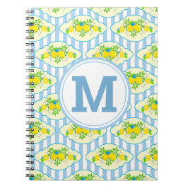 Caderno Espiral Padrão Floral de Limões Amarelos e Azul de Summery