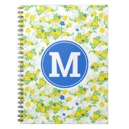 Caderno Espiral Padrão Floral de Limões Azuis e Amarelos de Verão