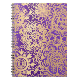Caderno Espiral Padrão Floral de Mandala roxo e Dourado