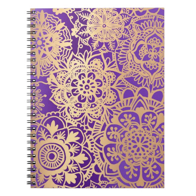 Caderno Espiral Padrão Floral de Mandala roxo e Dourado (Frente)