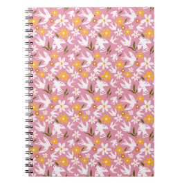 Caderno Espiral Padrão Floral de Pássaros Adorável Sem Costura