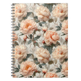 Caderno Espiral Padrão Floral de Peônia em Marfim Rosa Romântico