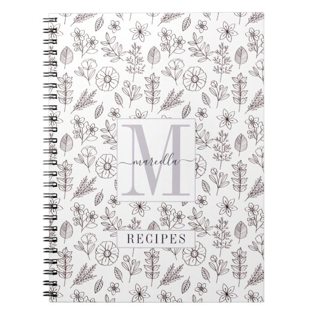 Caderno Espiral Padrão Floral de Receita Monograma Personalizada (Frente)