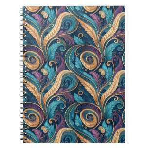 Caderno Espiral Padrão Floral de Redemoinho Barroco em Azul Turque