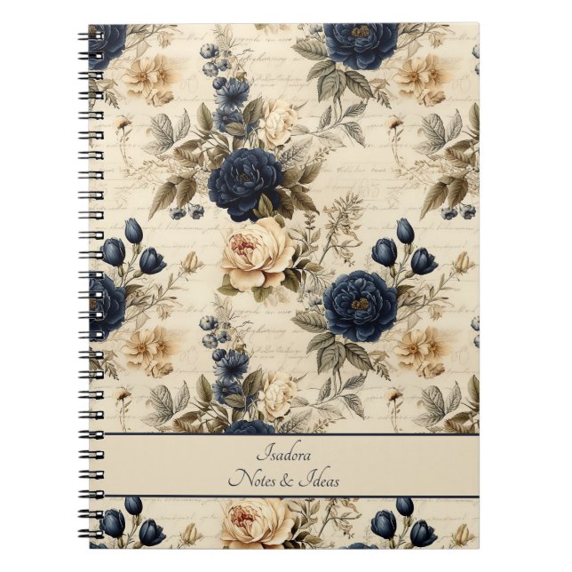 Caderno Espiral Padrão Floral de Rosas de Creme Azul Elegante (Frente)