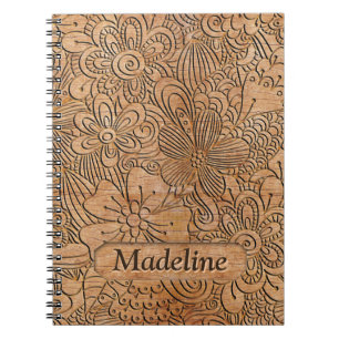 Caderno Espiral Padrão Floral de Transporte de Madeira Personaliz