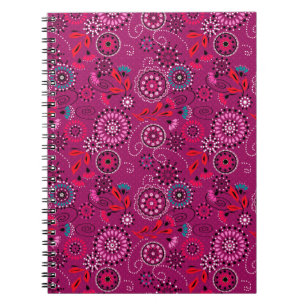 Caderno Espiral Padrão floral do abstrato étnico retro crimson