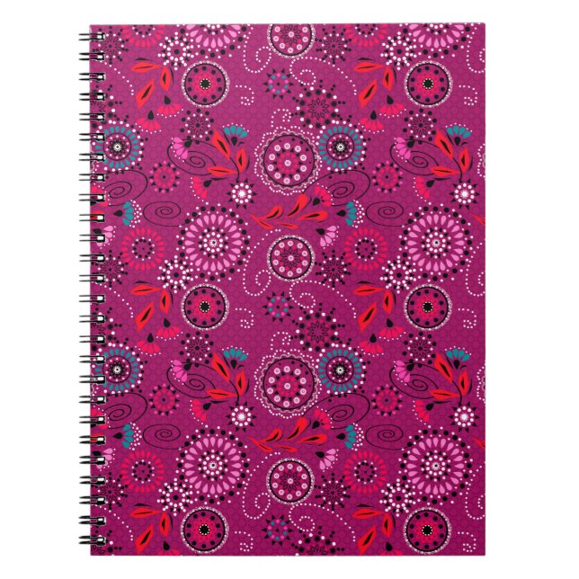Caderno Espiral Padrão floral do abstrato étnico retro crimson (Frente)