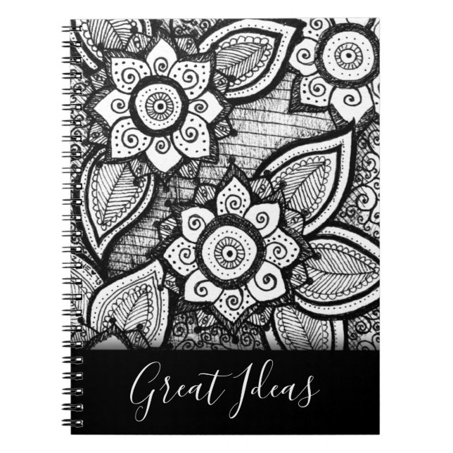 Caderno Espiral Padrão Floral do Chic Mandala Preto e Branco (Frente)