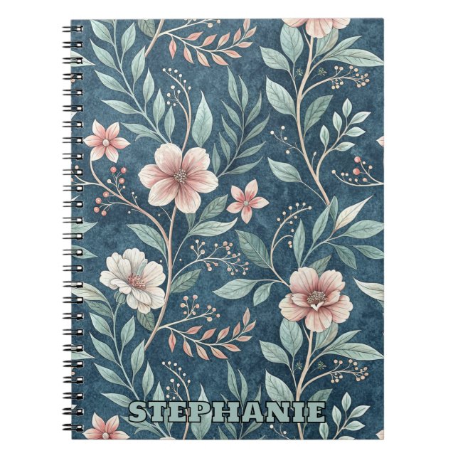 Caderno Espiral Padrão Floral Elegante com Brilhos Rosa e Creme (Frente)