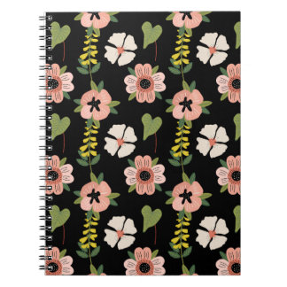 Caderno Espiral Padrão Floral Elegante em Preto | Botânica Chic