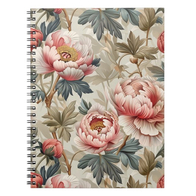 Caderno Espiral Padrão floral elegante. Peônias cor-de-rosa pálido (Frente)