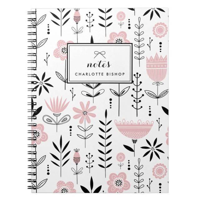 Caderno Espiral Padrão Floral Escandinavo Preto e Rosa (Frente)