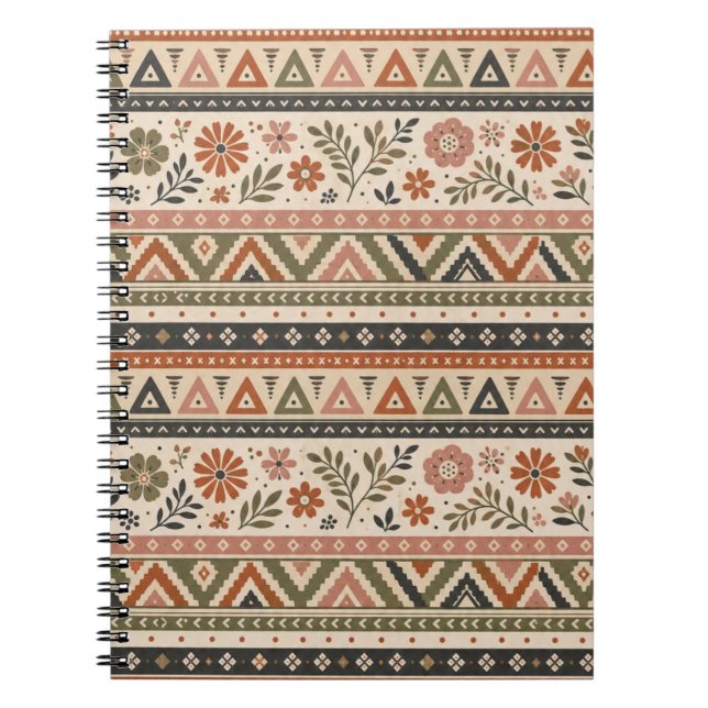 Caderno Espiral Padrão Floral Geométrico Boho Folk contínuo (Frente)