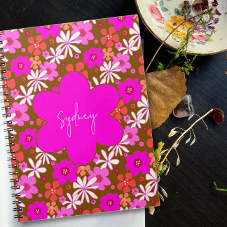 Caderno Espiral Padrão Floral Ilustrado Rosa Retrô