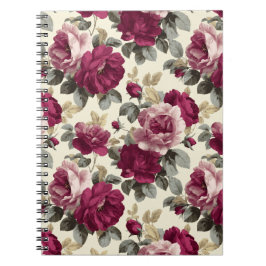 Caderno Espiral Padrão Floral Marfim Rosa Ameixa Elegante